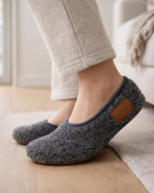 WollGäng Wollhausschuh Flexibel Faltbar 100% Wolle Wildleder Sohle