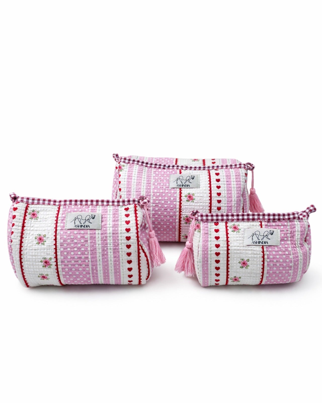Kosmetiktaschen Set (3-teilig) – Pink mit Herz-Print