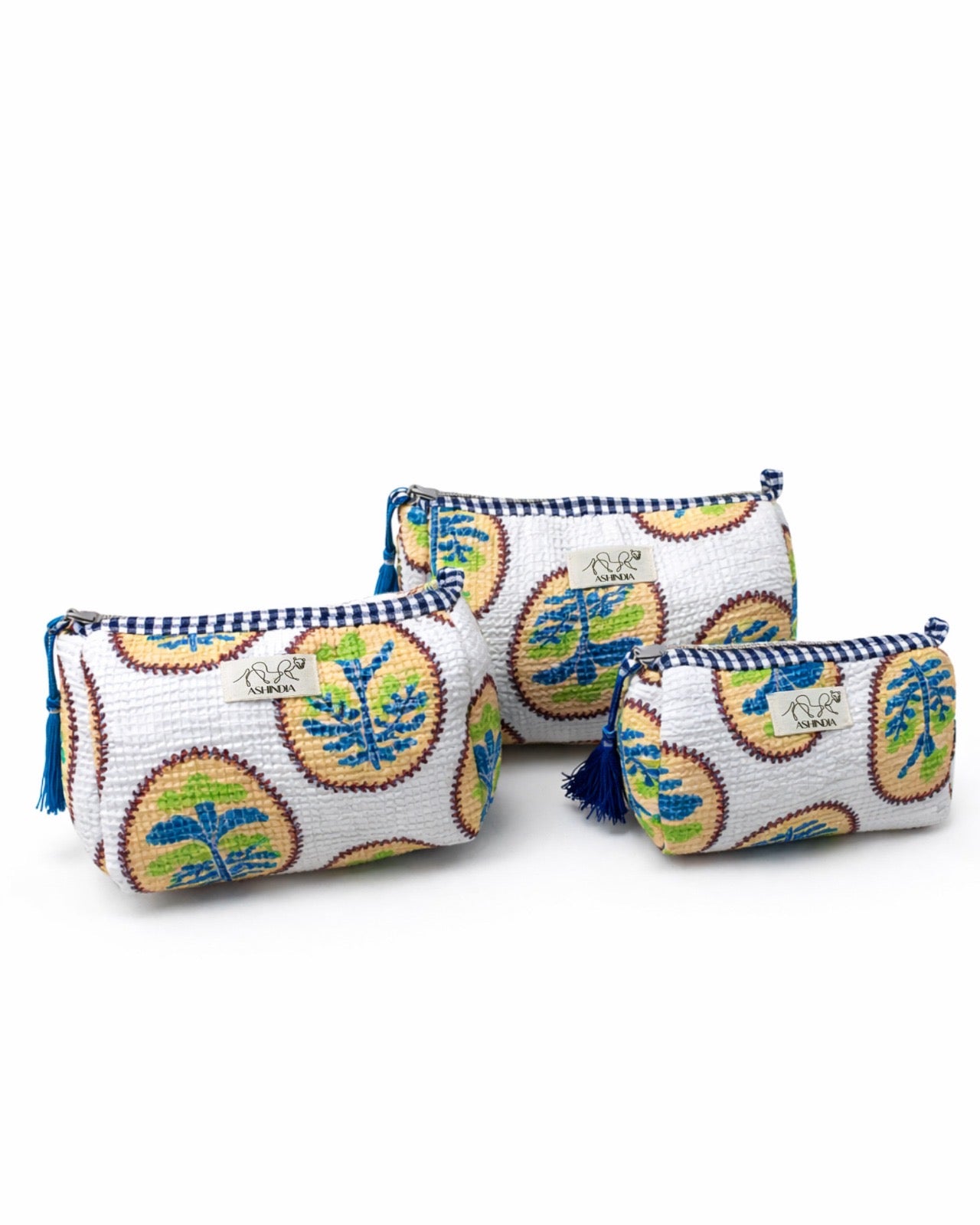 Kosmetiktaschen Set (3-teilig) – Blau mit ornamentalem Pflanzen-Print